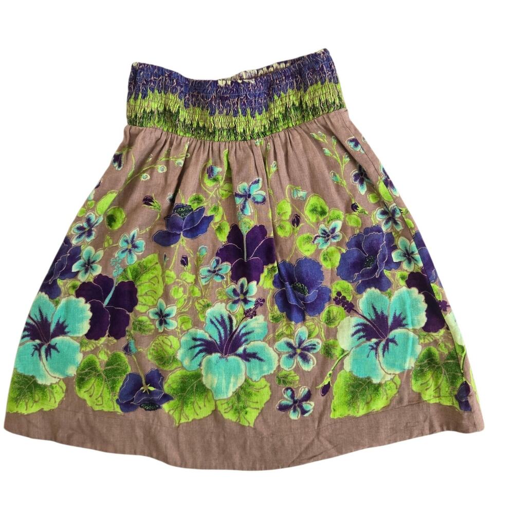 Free People Womens Earthy Skirt Linen Blend Brown Floral Elastic Waist Size XS